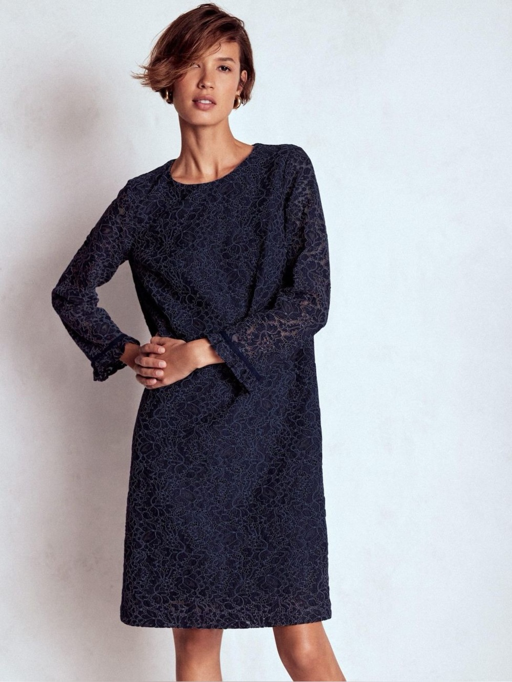 Boden Navy Floral Lace Long-Sleeve Shift Dress